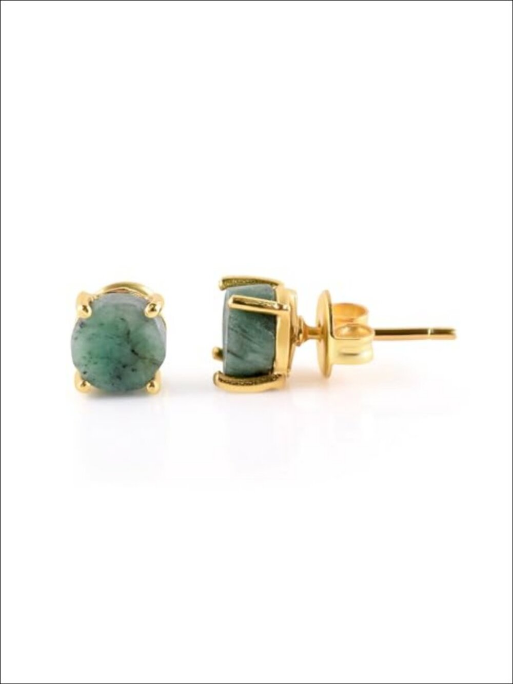 14K Gold Plated Raw Emerald Stud Earrings Natural Gemstone Flat Back